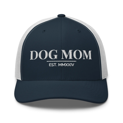 dog mom trucker hat in navy and white with embroidered logo
