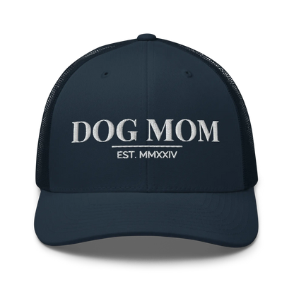 dog mom trucker hat in navy with embroidered logo