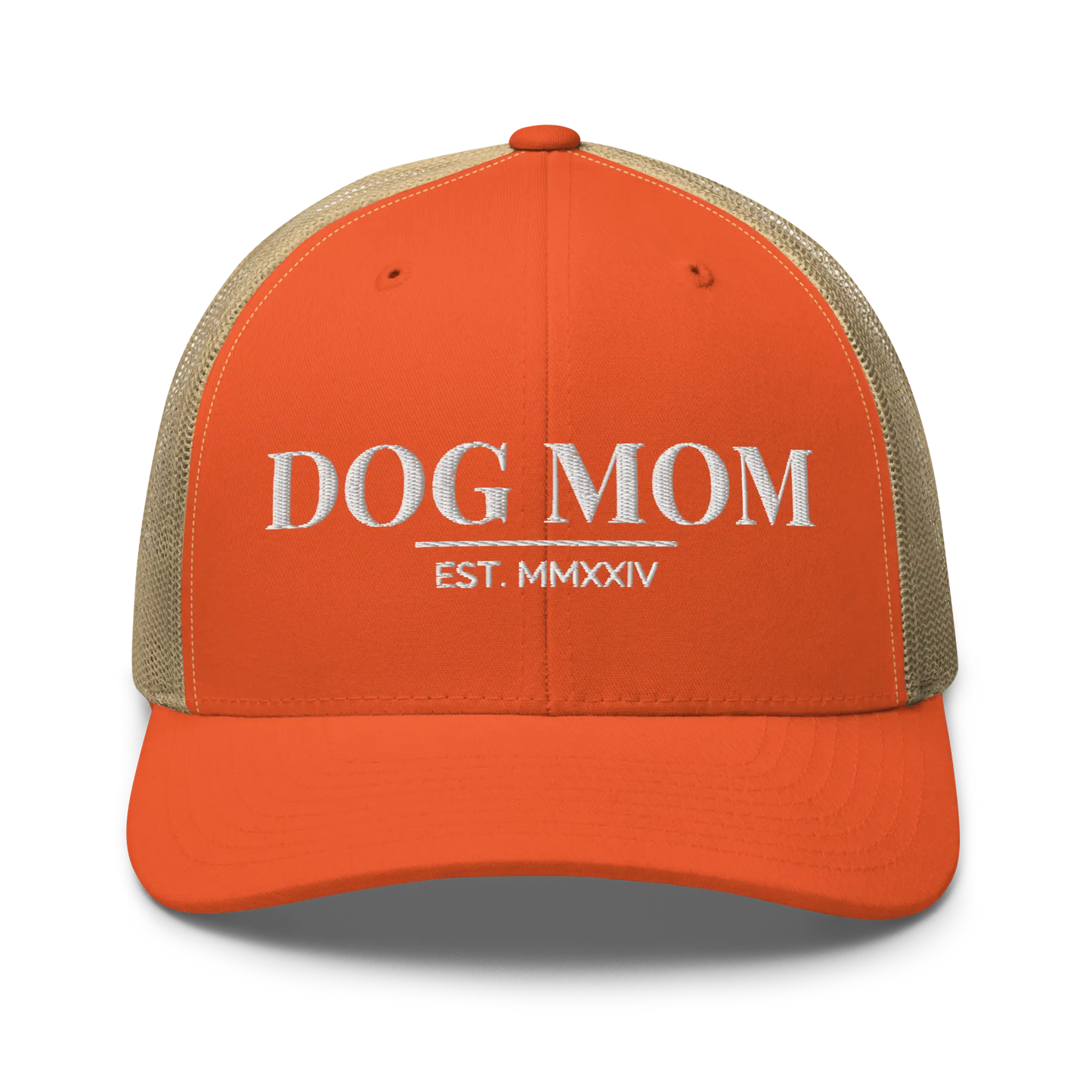 dog mom trucker hat in orange and khaki with embroidered logo