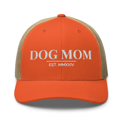 dog mom trucker hat in orange and khaki with embroidered logo