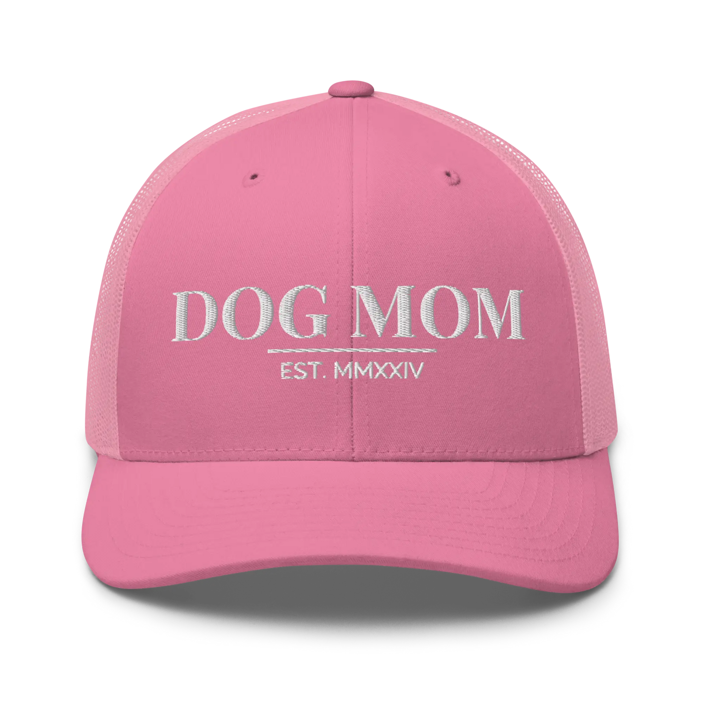 dog mom trucker hat in pink with embroidered logo