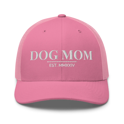 dog mom trucker hat in pink with embroidered logo