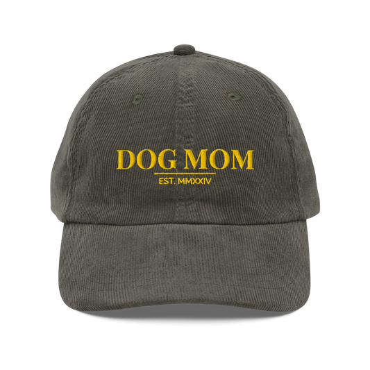 dog mom vintage corduroy hat in olive with embroidered gold logo